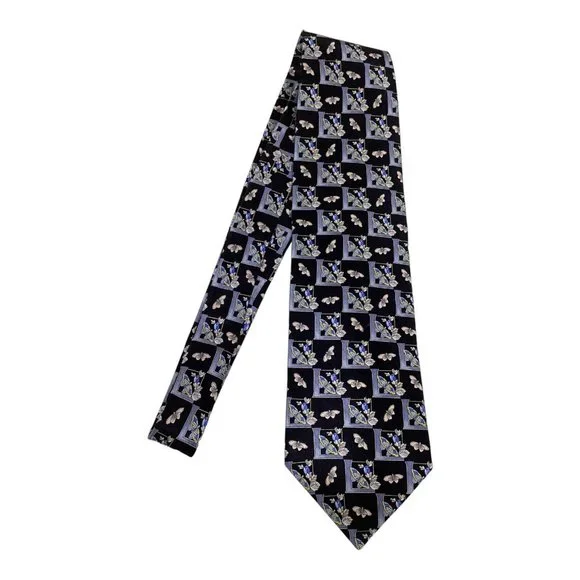 LEONARD PARIS Black Butterfly Print Silk Tie Made In Italy 59-3.75 EX COND